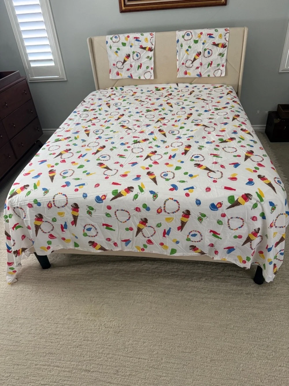 Rare Vermont Country Store Queen Flat Sheet Pillowcases Ice Cream Candy Taffy